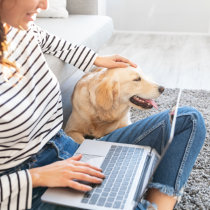 Closeup of happy loving lady sitting on floor carpet with Labrador, using laptop and working at home office and spending time patting dog in living room.